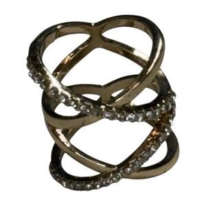 Gold Tone Rhinestone Criss Cross Wide Band Statement Ring Open Lattice 8.5